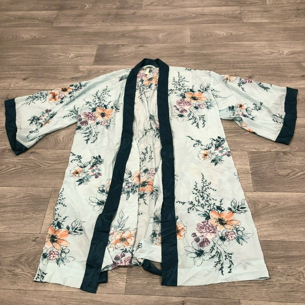 Soma Womens S/M Aqua Floral Chiffon Kimono Robe Bridal Boho Intimate